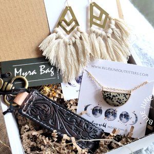 Rustic Boho Gift Set | Leather Keychain, Fringe Earrings, Gemstone Necklace